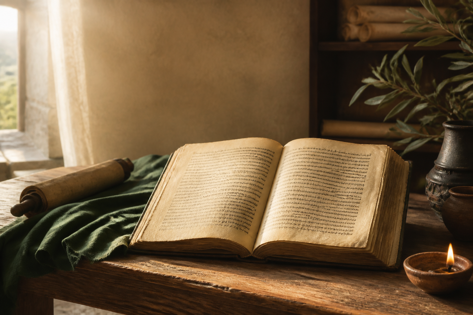 An open ancient manuscript on a wooden table
